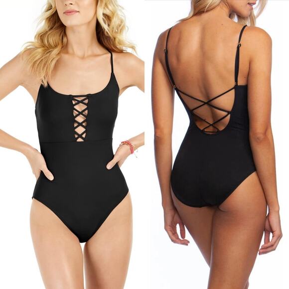 La Blanca Women’s 16 W Black Island Goddess Lace up One-Piece Strappy Swimsuit - Picture 1 of 9